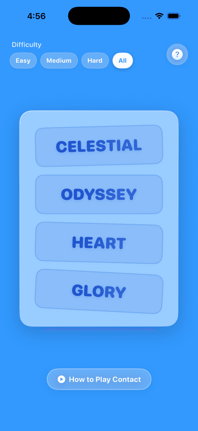 Contact Word Game app screenshot showing word cards